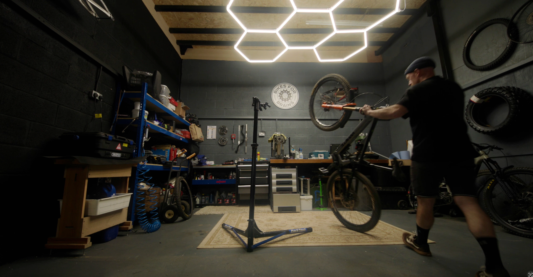 Inside the Bikes for Brains mountain bike workshop, Forest of Dean
