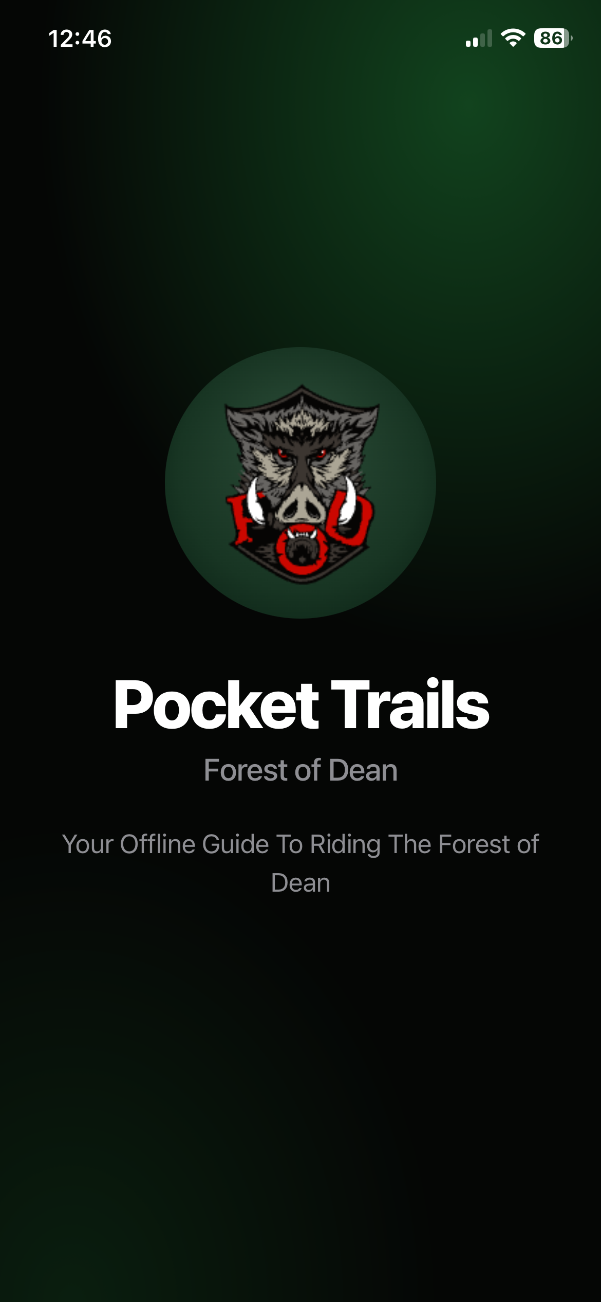 Pocket Trails Forest of Dean app splash screen showing the FODMTB boar logo
